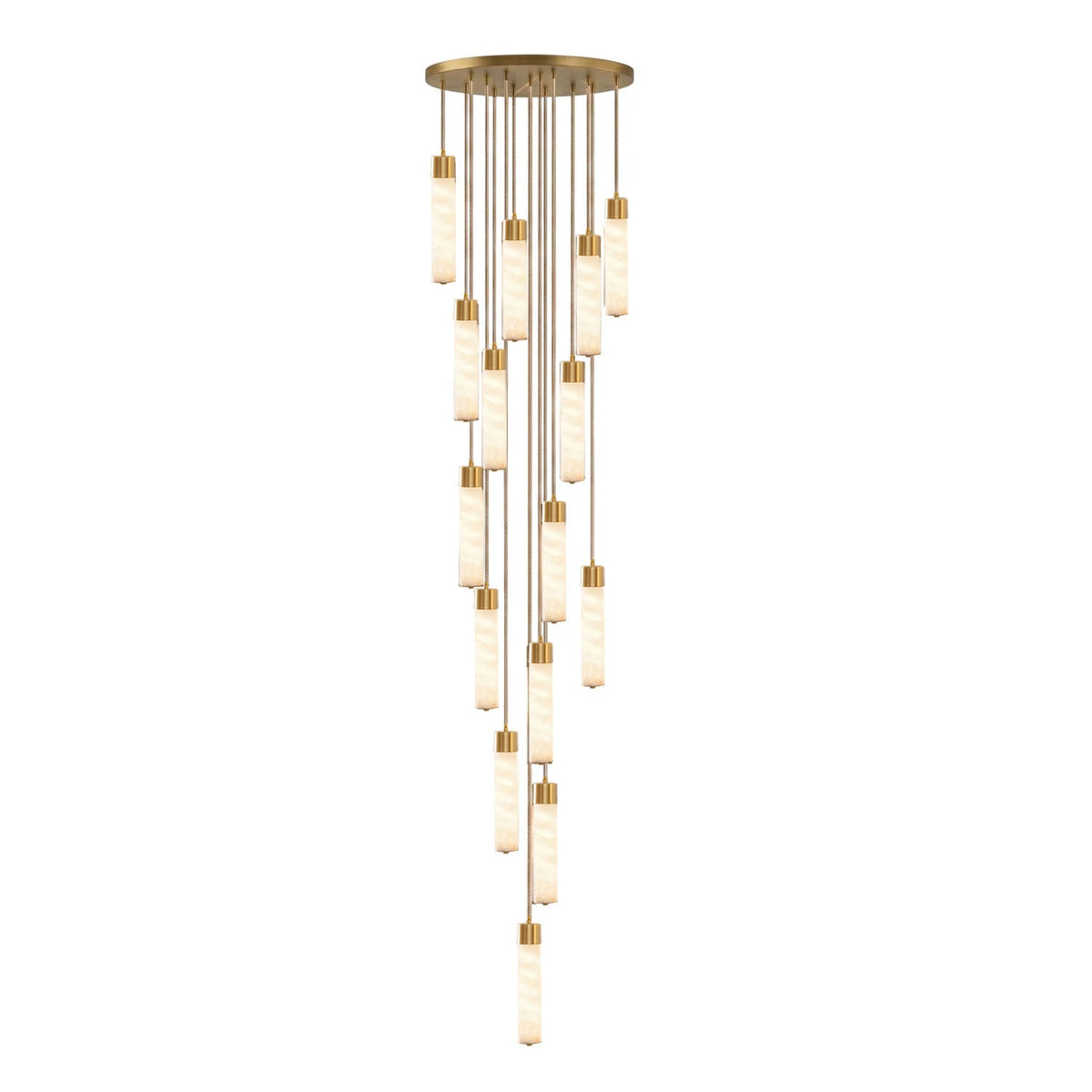 On a white background, a tall cascade of many brass-capped alabaster tubes hangs from this Clérachic pendant.