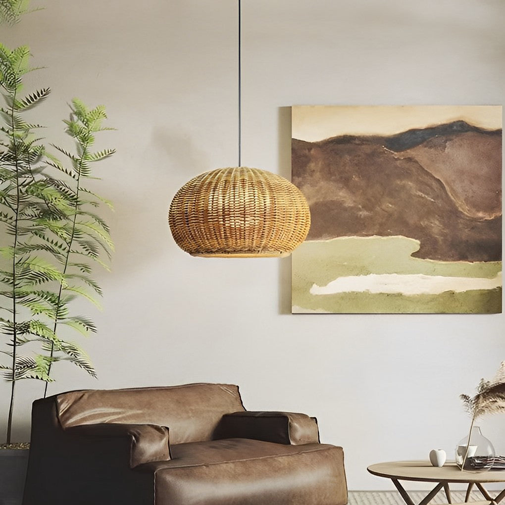 Woven Rattan Wall Lamp For Outdoor Spaces With Lantern-Style Shade