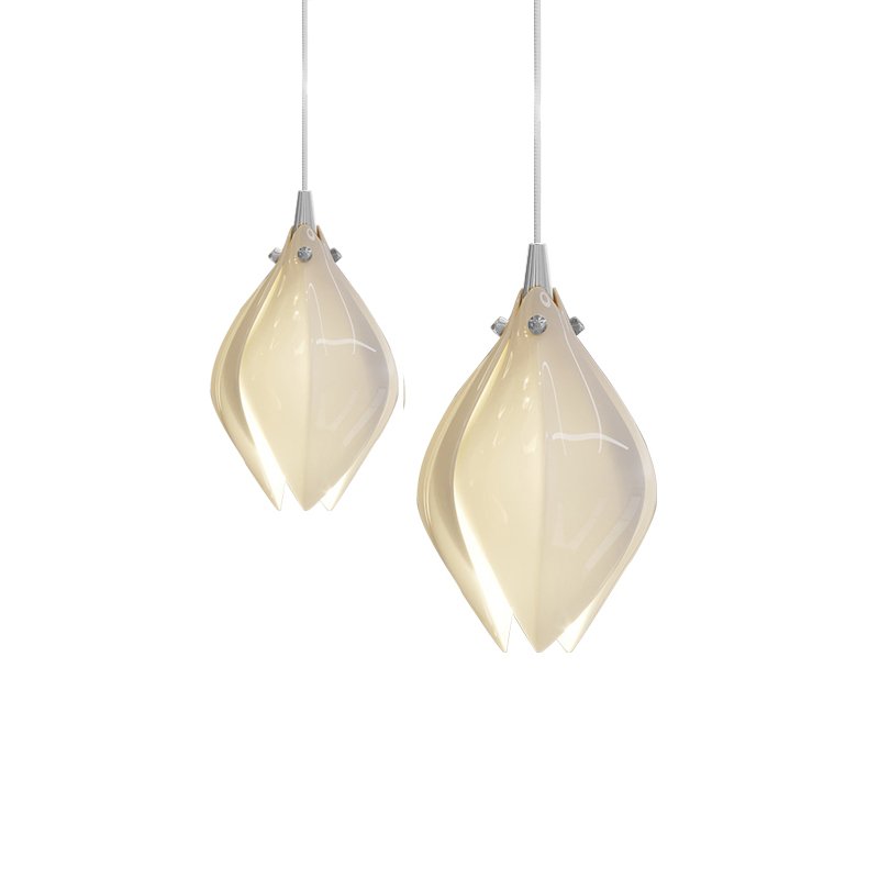Floral ceramic pendant light glowing softly against a dark ceiling