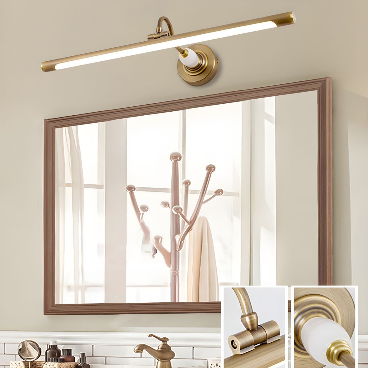 Mounted over a mirror above a wooden coat rack, this gold Clérachic wall sconce is shown with insets of its mounting hardware.