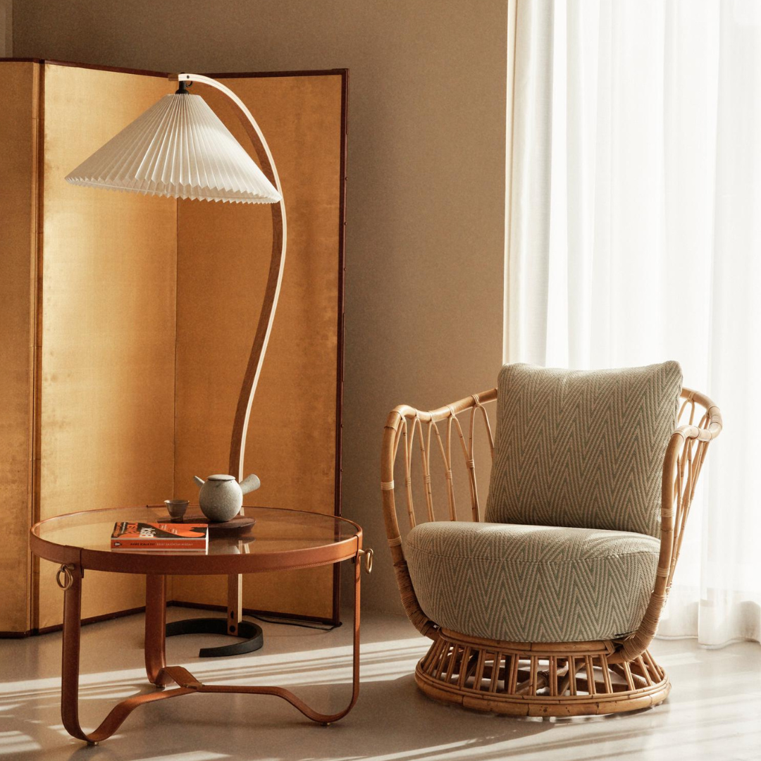 Caprani floor lamp shade and stem detail in warm ambient light