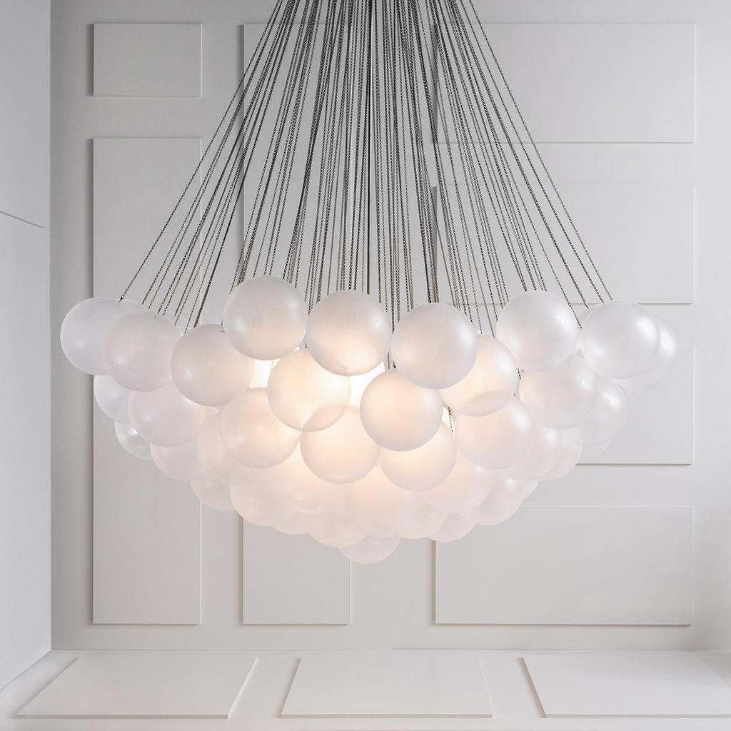 Frosted Glass Globe Bubble Chandelier, Gold, Black or Chrome, 19 to 73 Heads