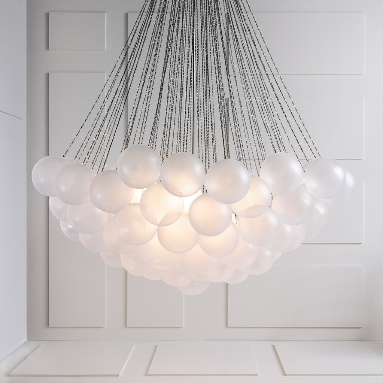 Frosted Glass Globe Bubble Chandelier, Gold, Black or Chrome, 19 to 73 Heads