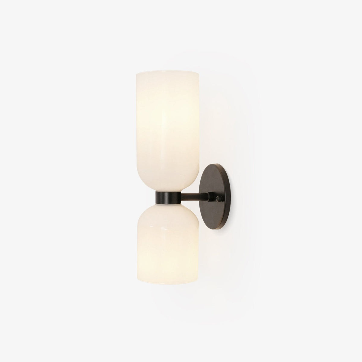 A final view of this matt black Clérachic wall light shows its opal shades against white.