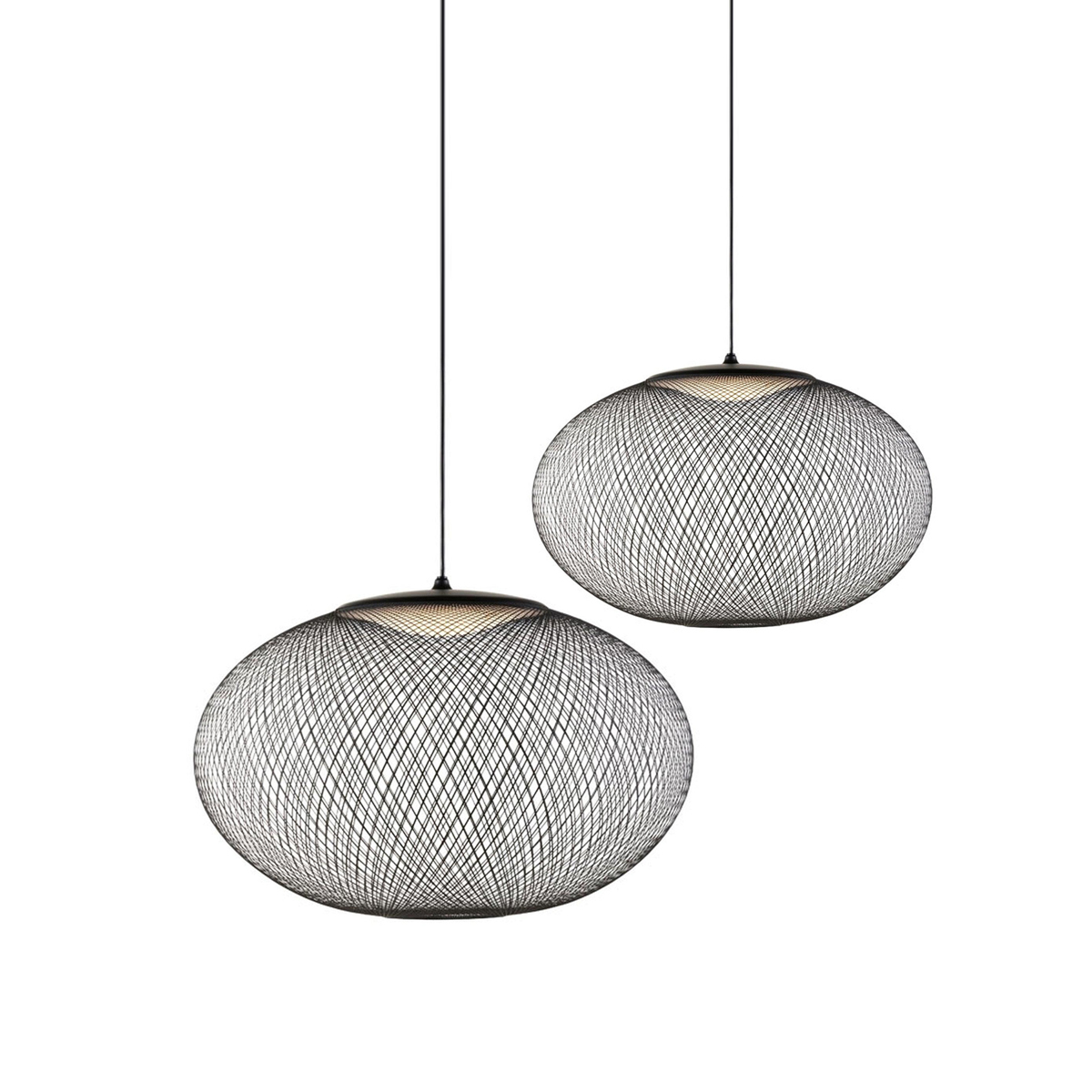 Black mesh pendant light hanging against a plain wall