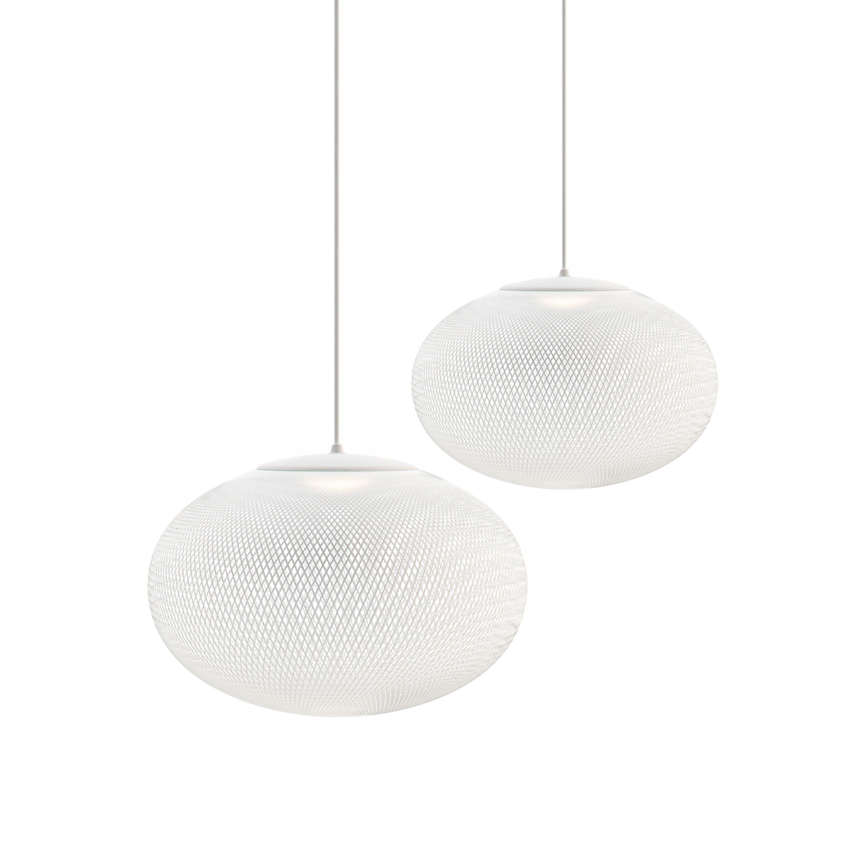 White lattice pendant light glowing bright and airy