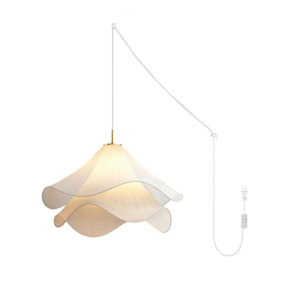 Ethereal Bloom plug-in pendant light lit, soft light spreading through the blooming fabric shade