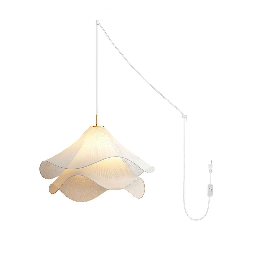 Ethereal Bloom plug-in pendant light final view of the white bloom shade and gold body
