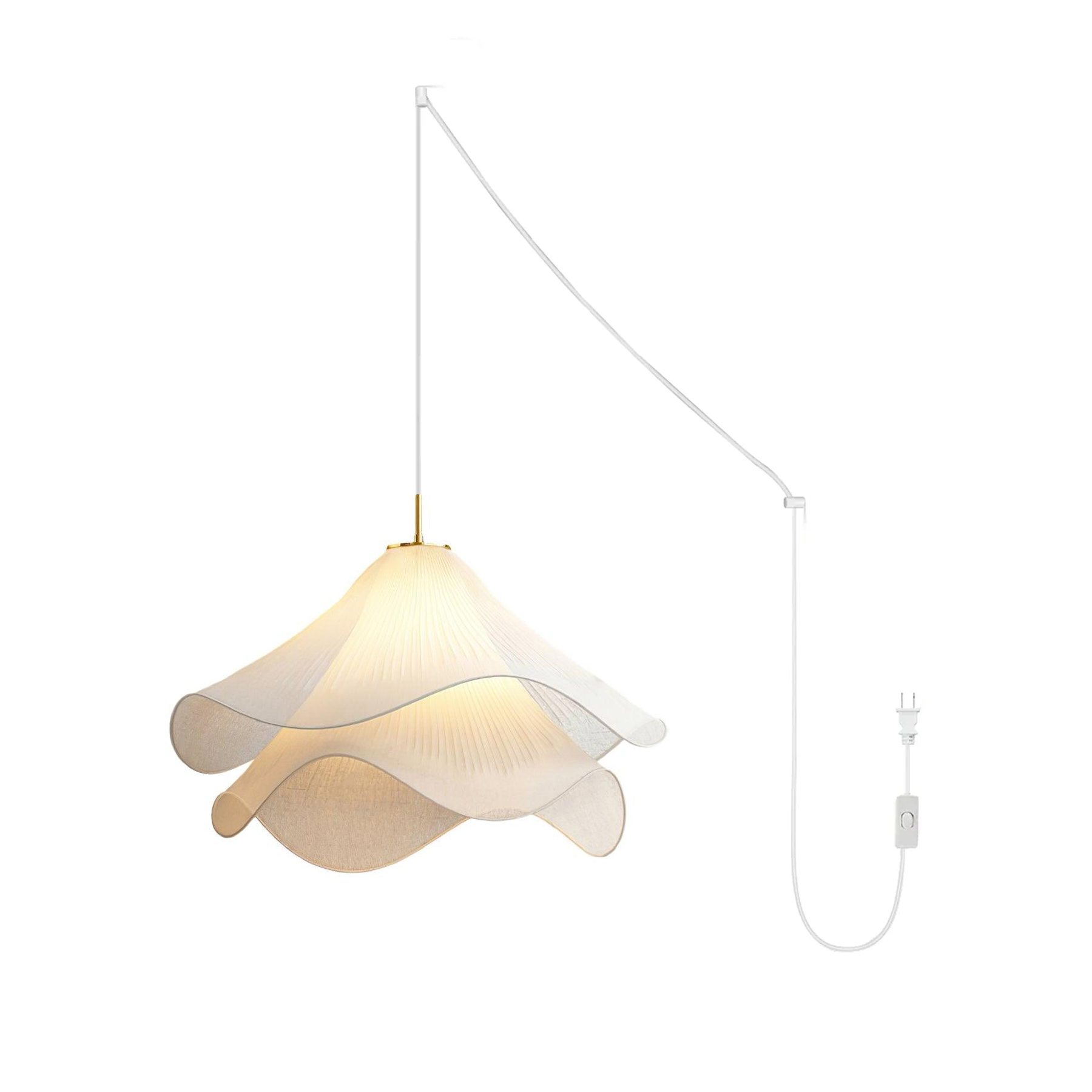 Ethereal Bloom plug-in pendant light final view of the white bloom shade and gold body