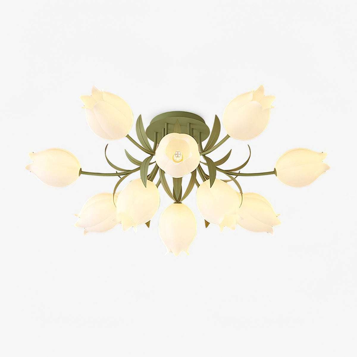 On a plain white background, this Clérachic ceiling light in green shows its full cluster of shades radiating from a central bloom.