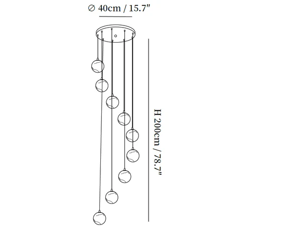 Dimension drawing of the nine-ball size: 40 cm / 15.7 in canopy and 200 cm / 78.7 in drop.