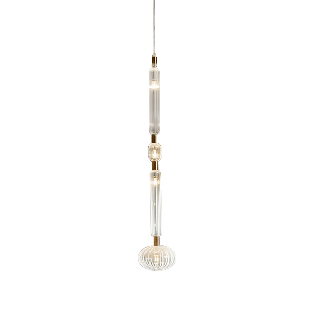 A woven glass finial tops a wire-cage shade on this Clérachic pendant, lit against black.