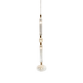 A woven glass finial tops a wire-cage shade on this Clérachic pendant, lit against black.