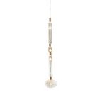 A woven glass finial tops a wire-cage shade on this Clérachic pendant, lit against black.