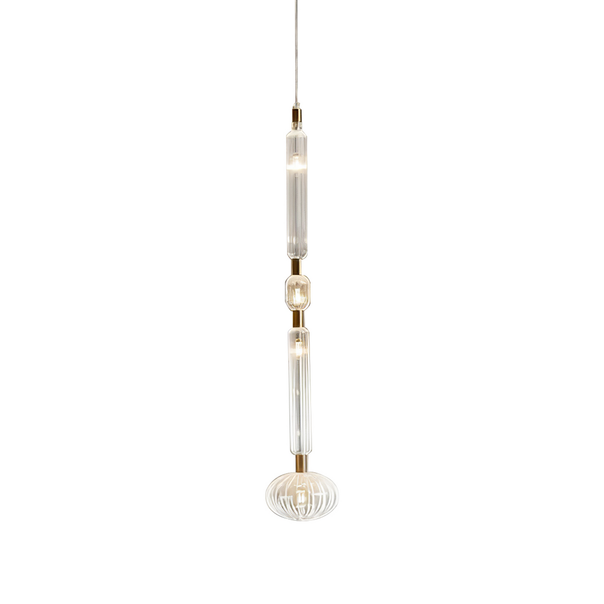 A woven glass finial tops a wire-cage shade on this Clérachic pendant, lit against black.