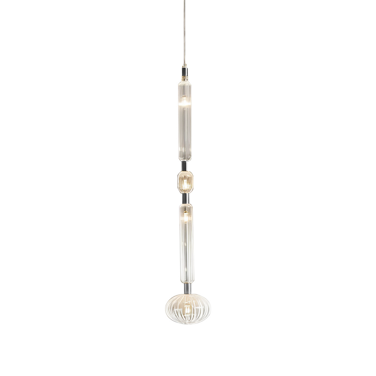 This Clérachic pendant's woven finial and wire-cage shade glow warmly against a black backdrop.
