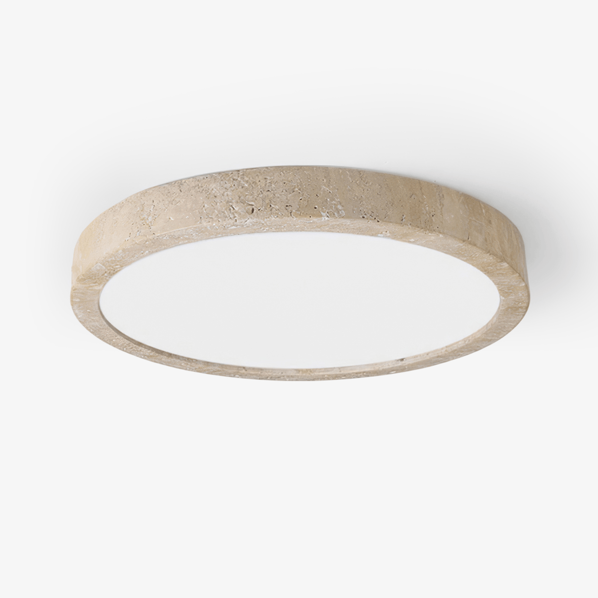 Angled to show its travertine ring and white diffuser, this Clérachic ceiling light is shown on a plain white background.