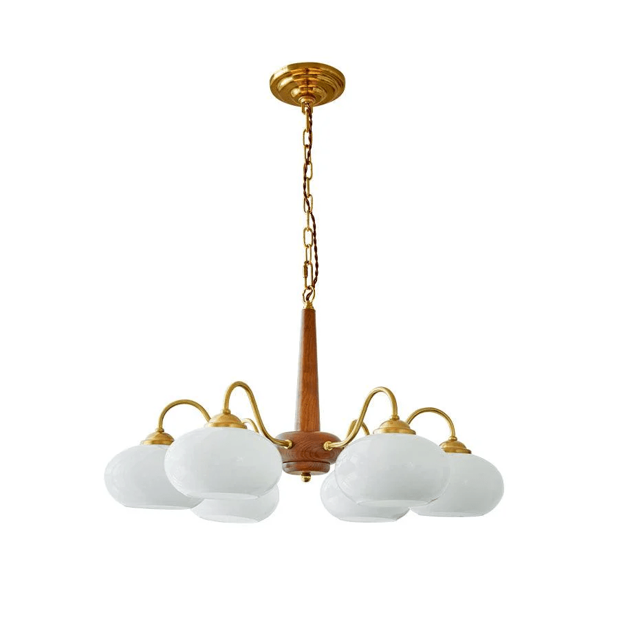 Shown in full against white, this Clérachic chandelier's chain and canopy lead down to six cream shades.