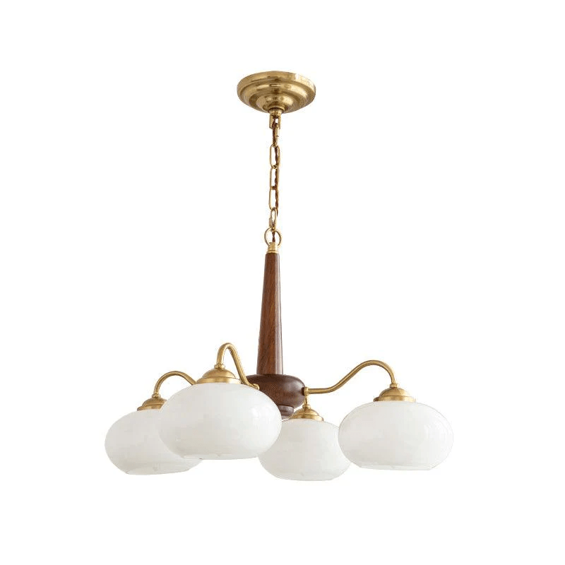 This Clérachic chandelier's four white shades are shown in full against white, chain and canopy included.