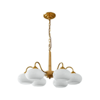 Shown in full against white, this Clérachic chandelier's pale wood pole carries six white glass shades.