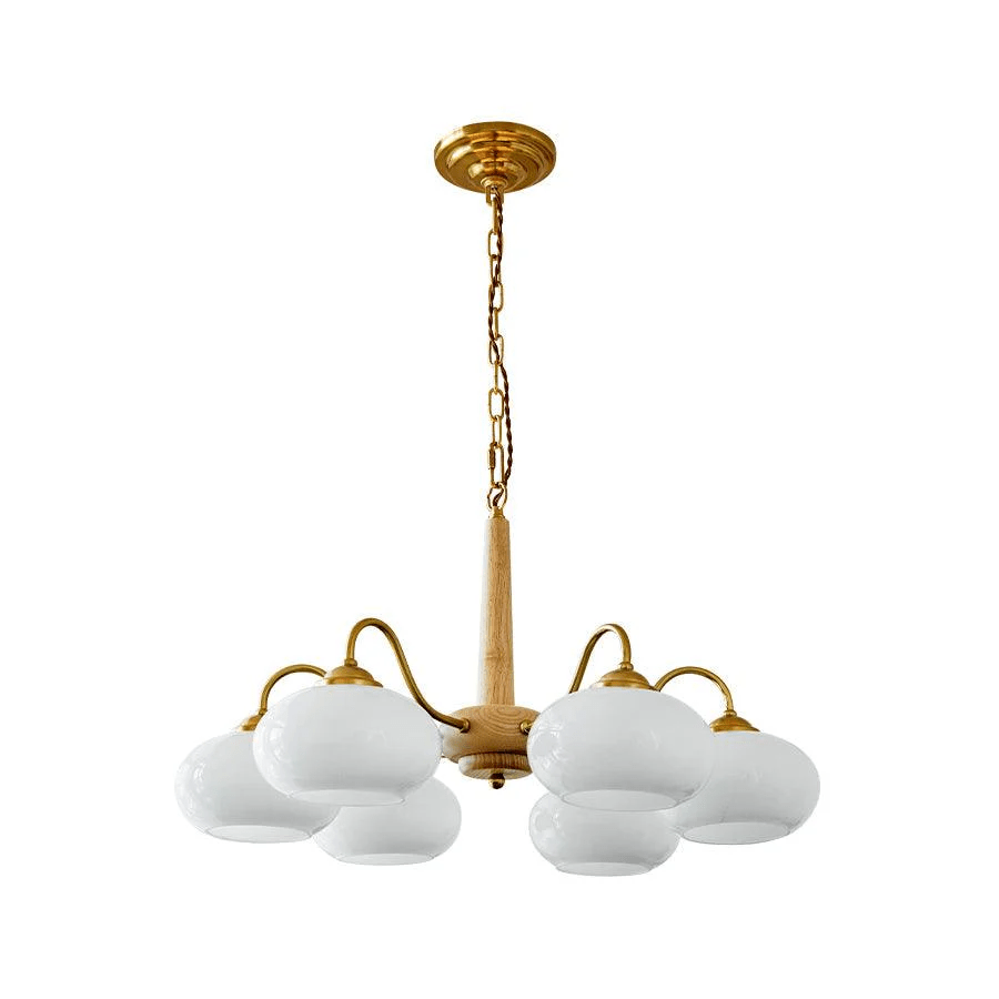 Shown in full against white, this Clérachic chandelier's pale wood pole carries six white glass shades.