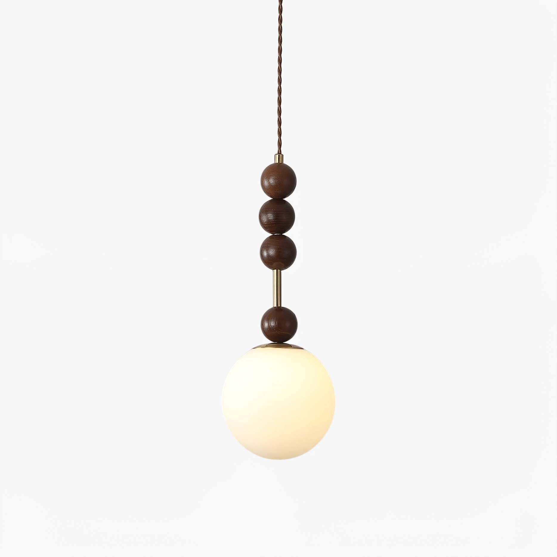 Strung wood bead pendant light detail with glass shade