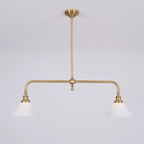 This Clérachic pendant sits unlit on a plain grey background, its brass stem centred above two matching shades.
