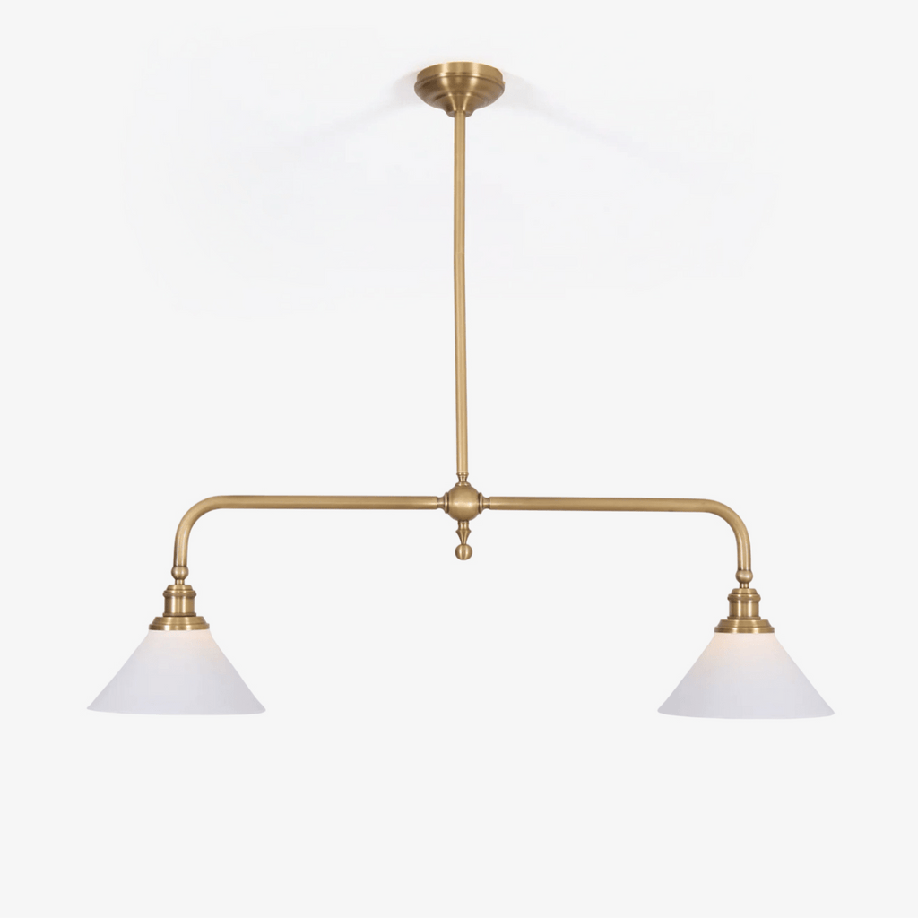 Isolated on white, this Clérachic pendant shows its brass frame and pair of white conical shades, unlit.