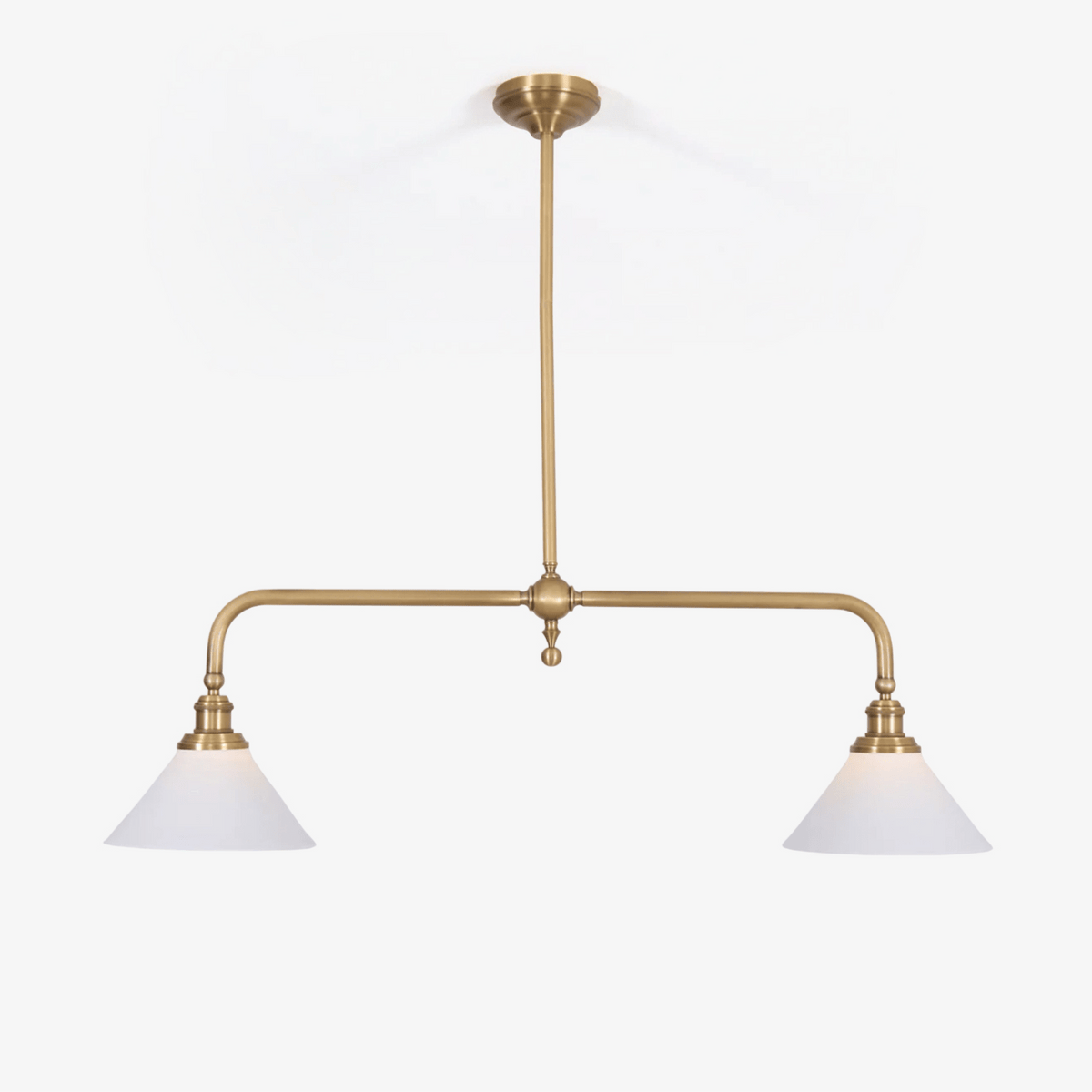 Isolated on white, this Clérachic pendant shows its brass frame and pair of white conical shades, unlit.