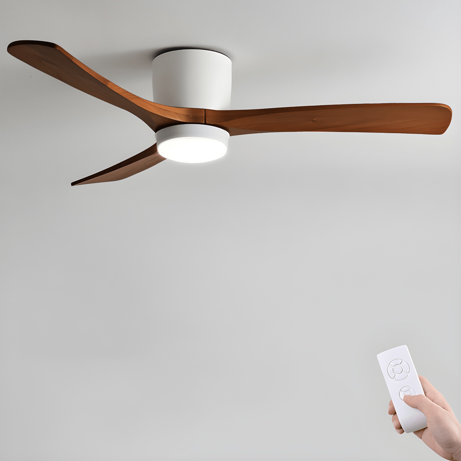 Ceiling fan with natural wood blades shown in a styled room