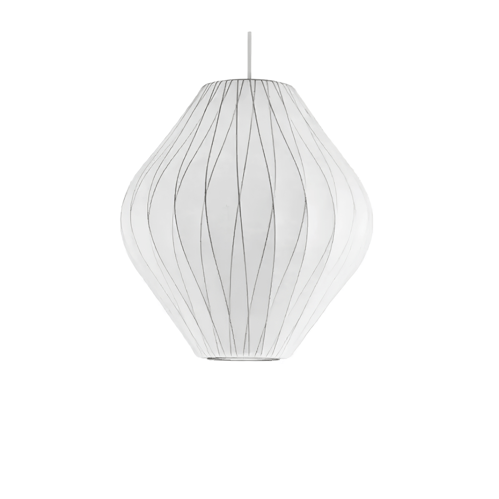 Bubble pendant light detail showing silk shade and wire lattice