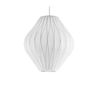 Bubble pendant light detail showing silk shade and wire lattice