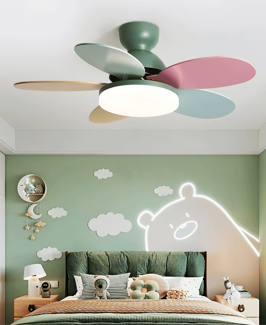 Close-up of wooden ceiling fan blade mounting hardware