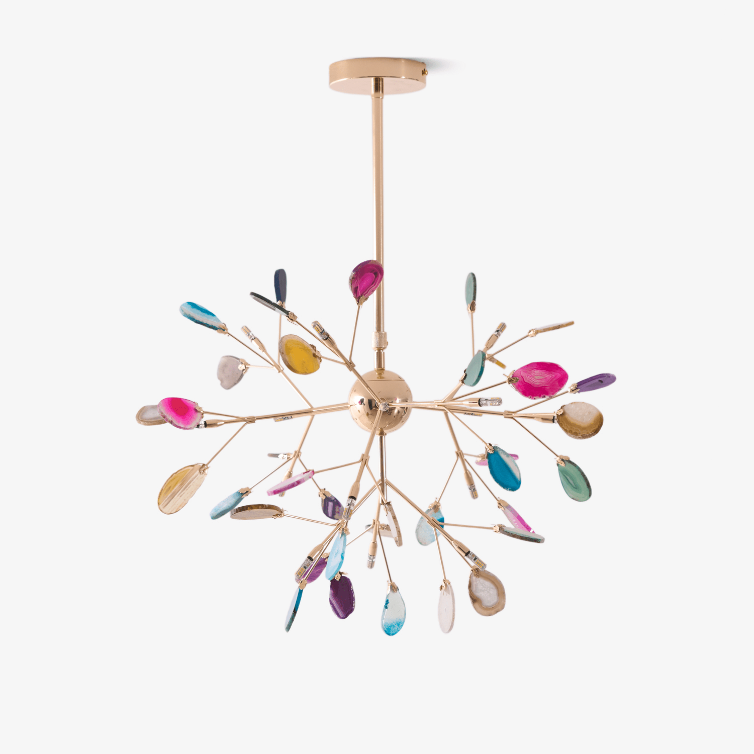 Natural agate chandelier glowing in a contemporary space
