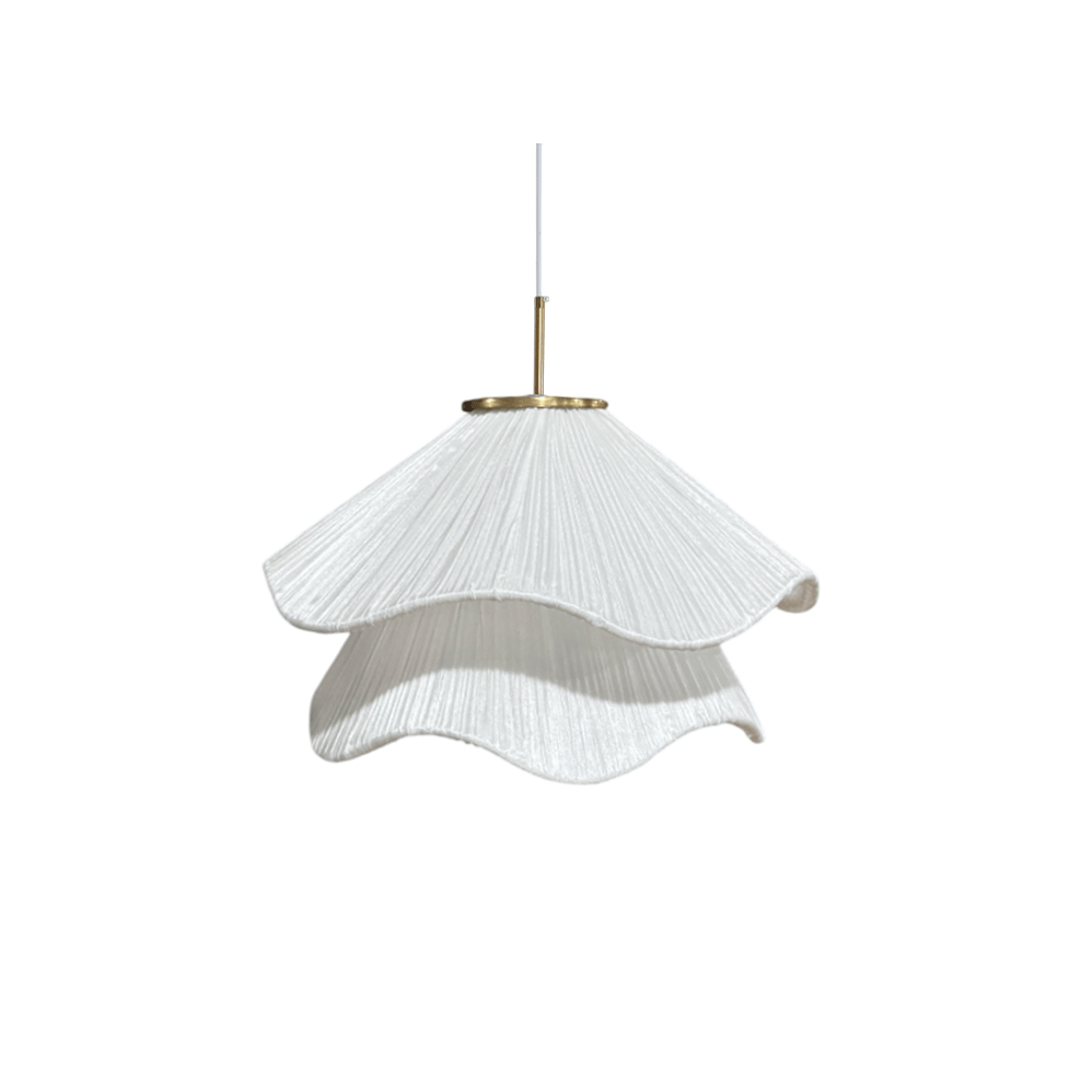 Ethereal Bloom pendant light glowing with layered white pleated shade and gold canopy
