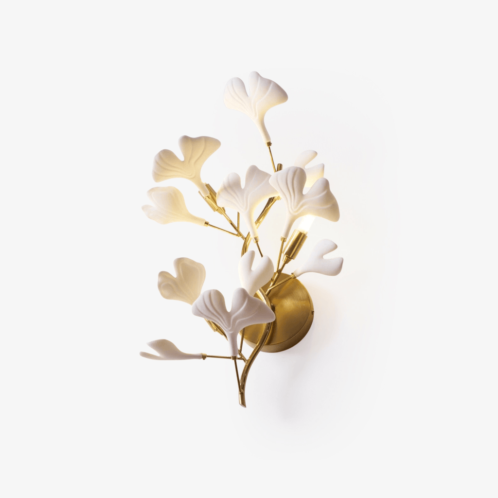 Ginkgo leaf wall lamp detail showing layered ceramic leaves