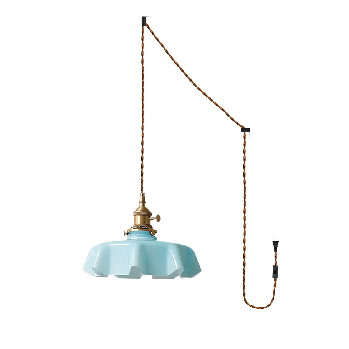 The plug-in diagram for this Clérachic pendant shows a twisted brown cord running from ceiling hook to wall plug, ending in the blue shade.