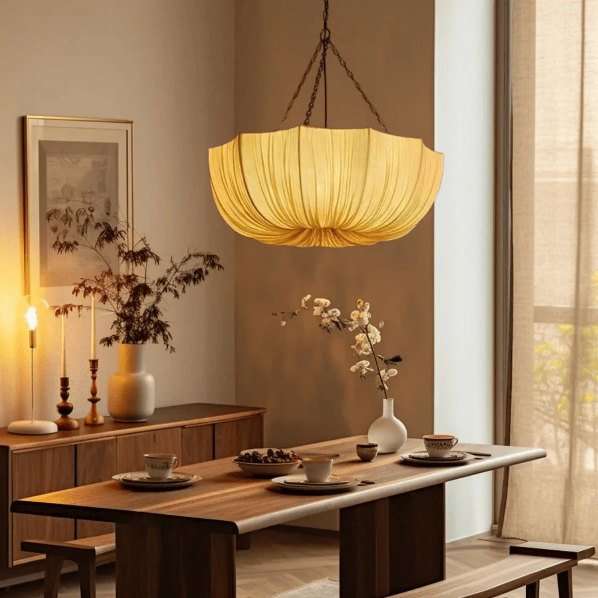 Gathered cotton pendant light hung low above a dining table