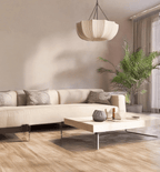 Gathered cotton pendant light viewed at an angle