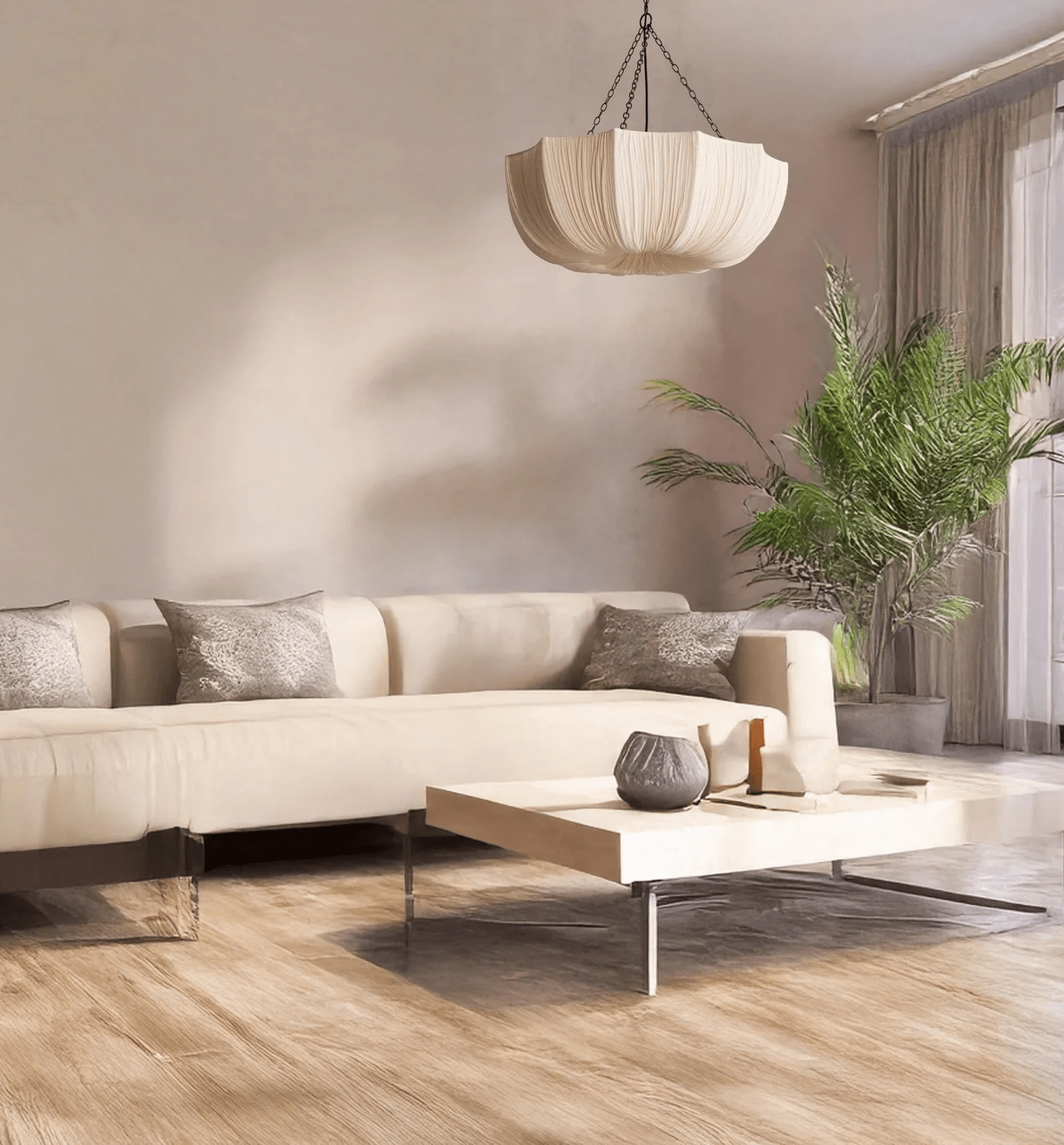 Gathered cotton pendant light viewed at an angle