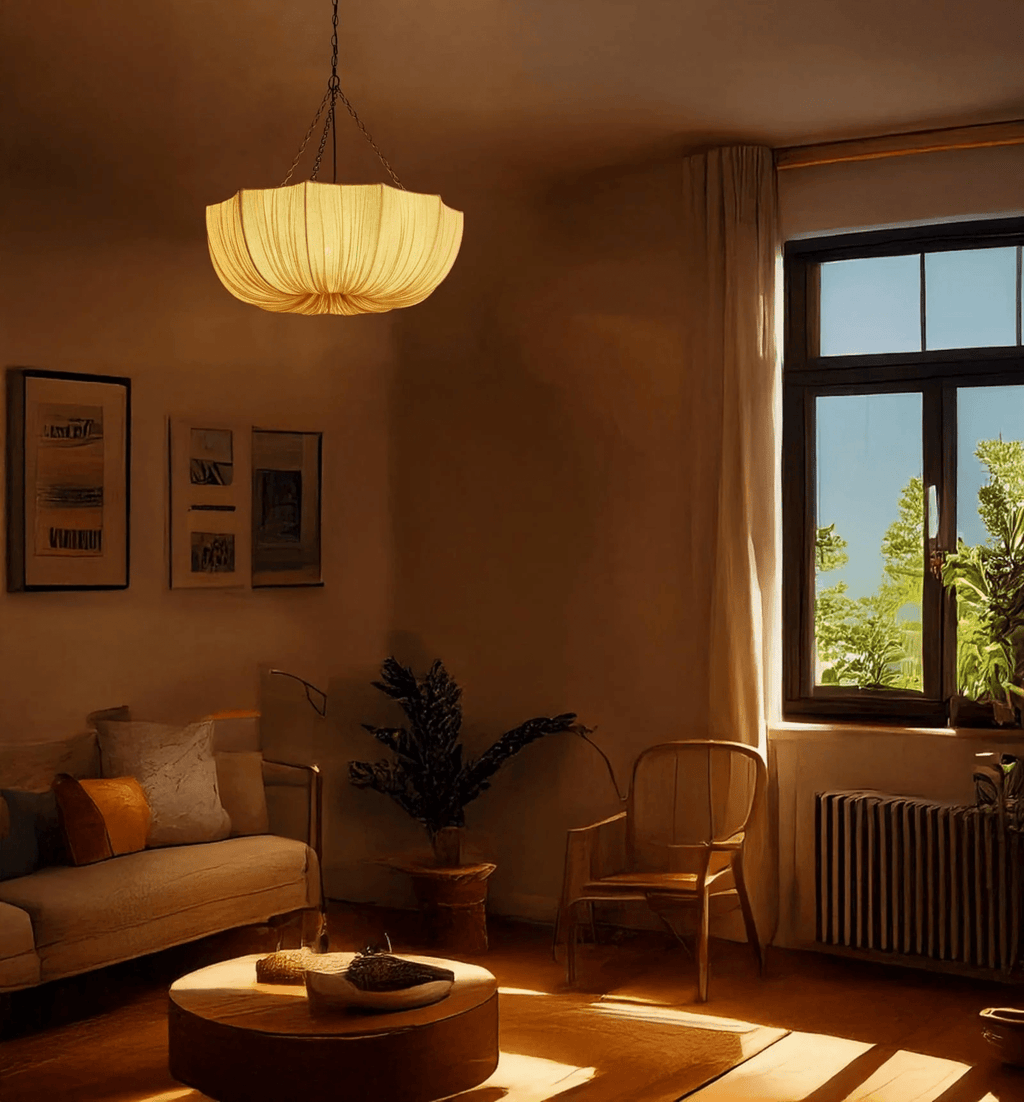 Cotton pendant light shown beside a high ceiling drop