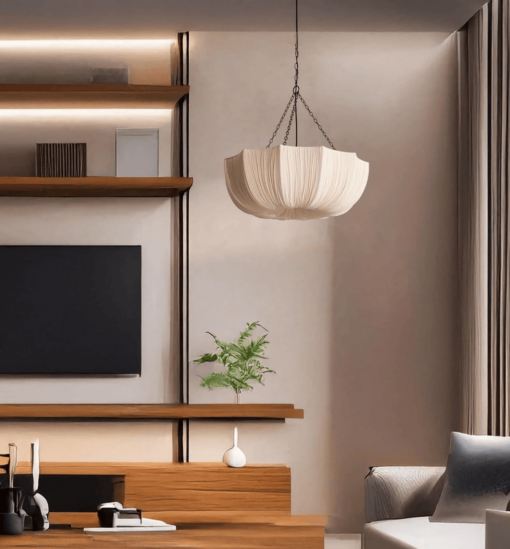 Gathered cotton pendant light glowing in a warm bedroom