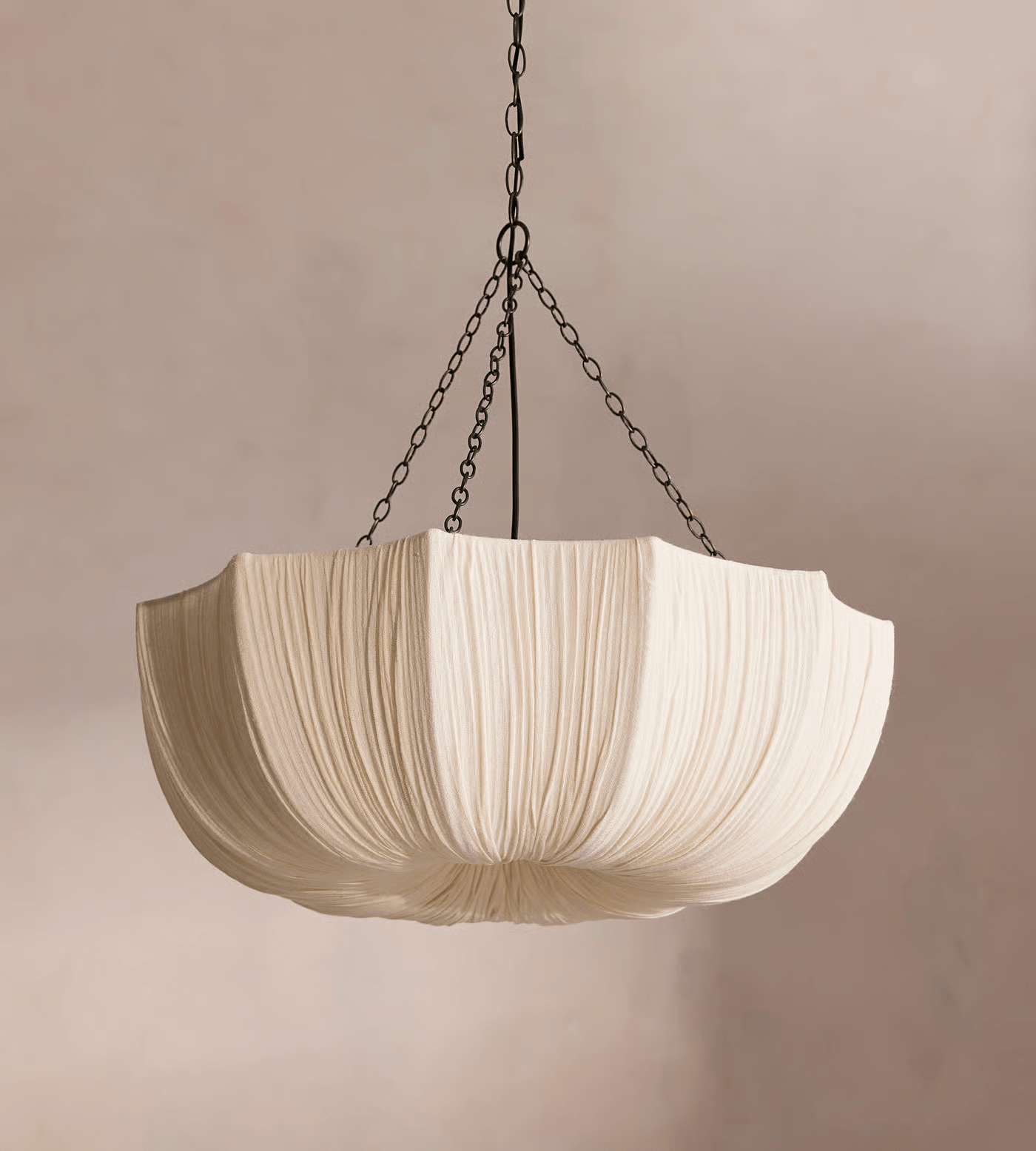Rounded gathered cotton pendant shade shown from below