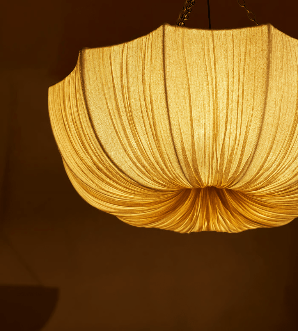 Neutral cotton pendant shade with delicate gathered texture