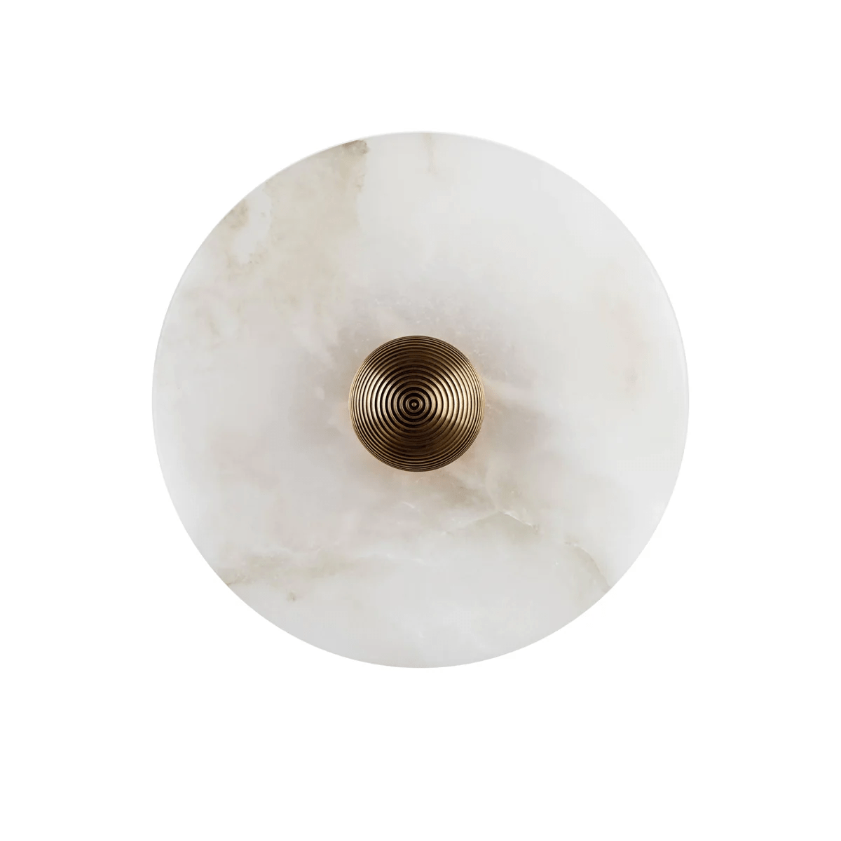 Face-on view of the honey-veined alabaster disc, brass centre catching a soft studio highlight.