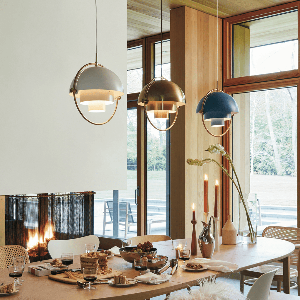 Multi-Lite pendant light shown with the shade halves turned for a soft ceiling glow