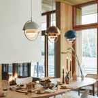 Multi-Lite pendant light shown with the shade halves turned for a soft ceiling glow