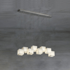 Eight-head Ivnoros alabaster chandelier with a silver bar, cubes offset in two rows along its length.