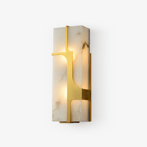 Aurevon alabaster wall sconce lit and shown from the side against a plain white background