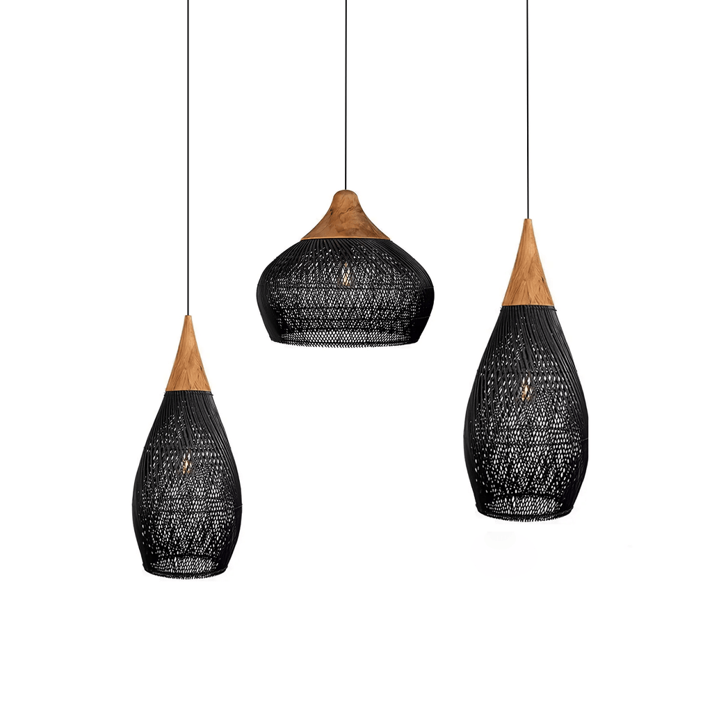 Woven rattan pendant light models shown in natural and black